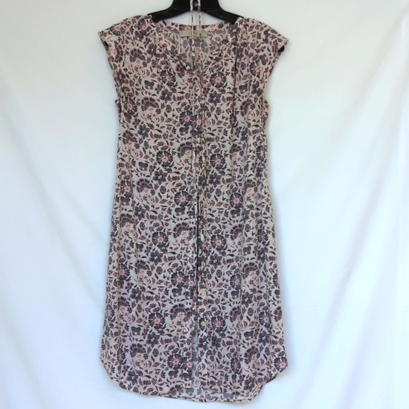 LOFT | Floral Shirtdress, Button Down Tie Waist Cap Sleeve, Pink & Blue - Picture 5 of 14
